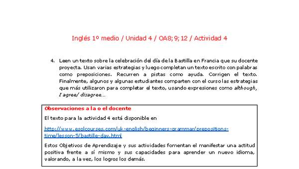 Inglés 1 medio-Unidad 4-OA8;9;12-Actividad 4 Inglés 1 medio-Unidad 4-OA8;9;12-Actividad 4