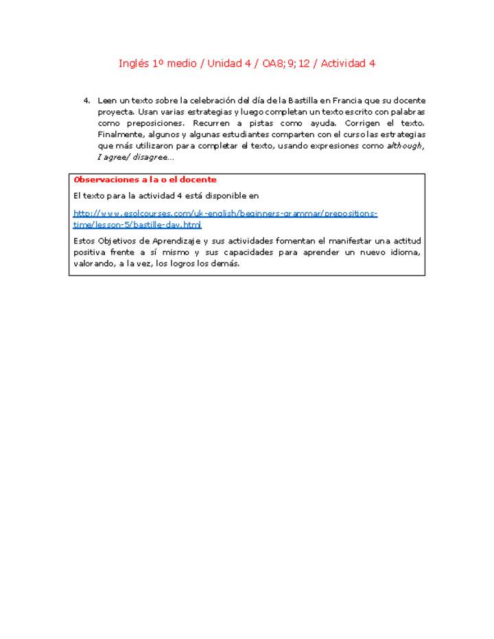 Inglés 1 medio-Unidad 4-OA8;9;12-Actividad 4 Inglés 1 medio-Unidad 4-OA8;9;12-Actividad 4