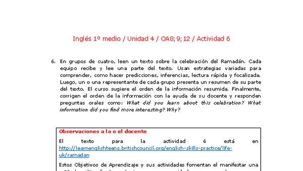 Inglés 1 medio-Unidad 4-OA8;9;12-Actividad 6 Inglés 1 medio-Unidad 4-OA8;9;12-Actividad 6