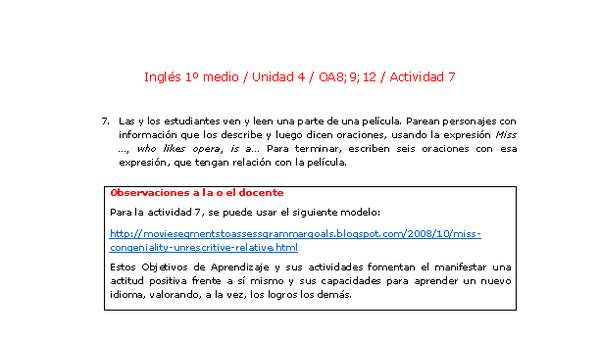 Inglés 1 medio-Unidad 4-OA8;9;12-Actividad 7 Inglés 1 medio-Unidad 4-OA8;9;12-Actividad 7