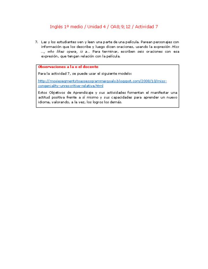 Inglés 1 medio-Unidad 4-OA8;9;12-Actividad 7 Inglés 1 medio-Unidad 4-OA8;9;12-Actividad 7