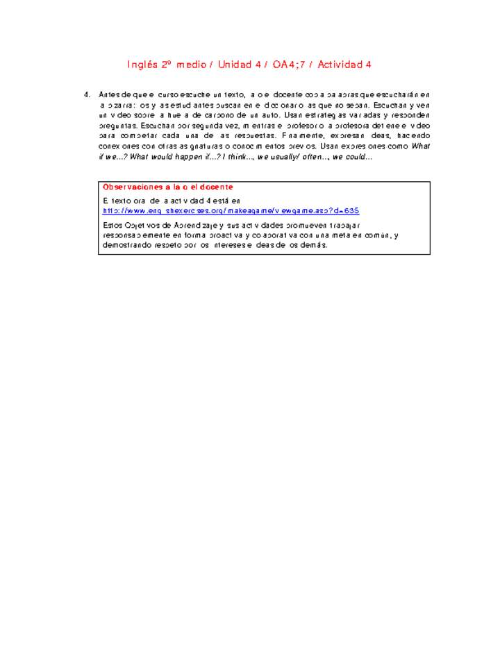 Inglés 2 medio-Unidad 4-OA4;7-Actividad 4 Inglés 2 medio-Unidad 4-OA4;7-Actividad 4