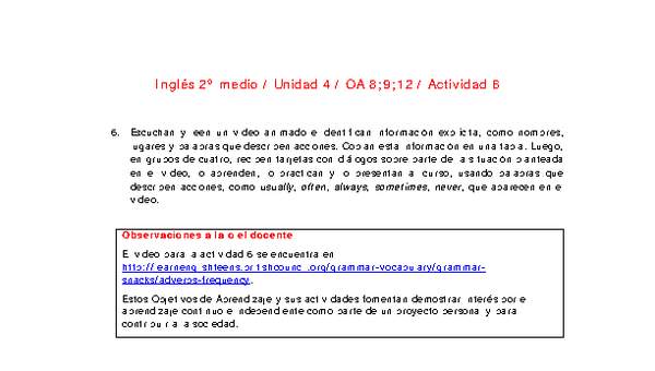 Inglés 2 medio-Unidad 4-OA8;9;12-Actividad 6 Inglés 2 medio-Unidad 4-OA8;9;12-Actividad 6