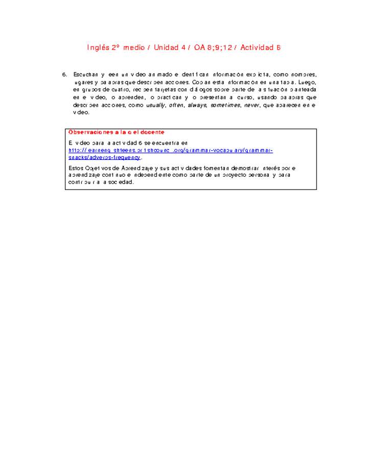 Inglés 2 medio-Unidad 4-OA8;9;12-Actividad 6 Inglés 2 medio-Unidad 4-OA8;9;12-Actividad 6