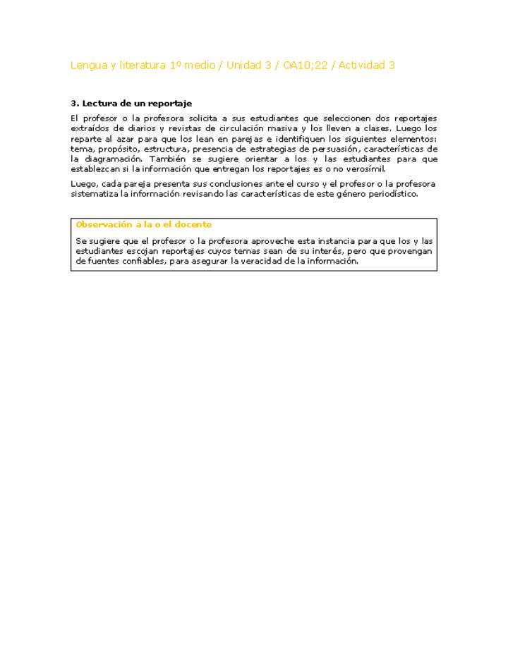 Lengua y Literatura 1 medio-Unidad 4-OA10;22-Actividad 3 Lengua y Literatura 1 medio-Unidad 4-OA10;22-Actividad 3