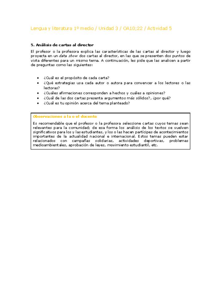 Lengua y Literatura 1 medio-Unidad 4-OA10;22-Actividad 5 Lengua y Literatura 1 medio-Unidad 4-OA10;22-Actividad 5