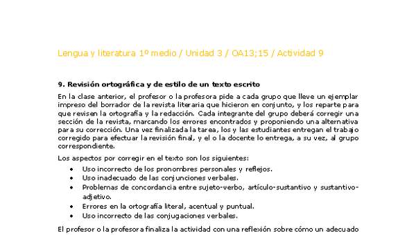 Lengua y Literatura 1 medio-Unidad 4-OA13;15-Actividad 9