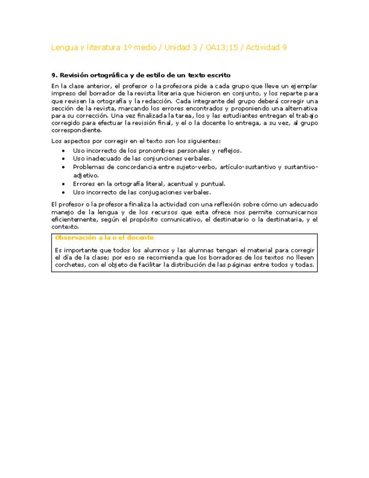 Lengua y Literatura 1 medio-Unidad 4-OA13;15-Actividad 9 Lengua y Literatura 1 medio-Unidad 4-OA13;15-Actividad 9