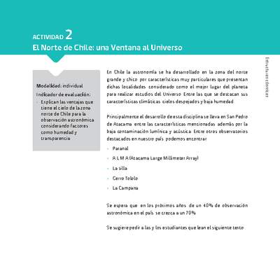 Sugerencia para el profesor: Actividad 2. El norte de Chile: una ventana al Universo Sugerencia para el profesor: Actividad 2. El norte de Chile: una ventana al Universo