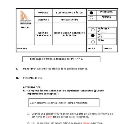 Guía de trabajo del docente Electricidad básica, efectos de la corriente eléctrica Guía de trabajo del docente Electricidad básica, efectos de la corriente eléctrica