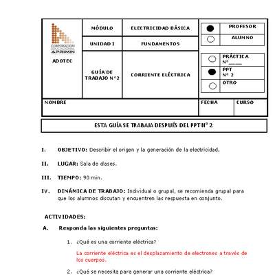 Guía de trabajo del docente Electricidad básica, corriente eléctrica Guía de trabajo del docente Electricidad básica, corriente eléctrica