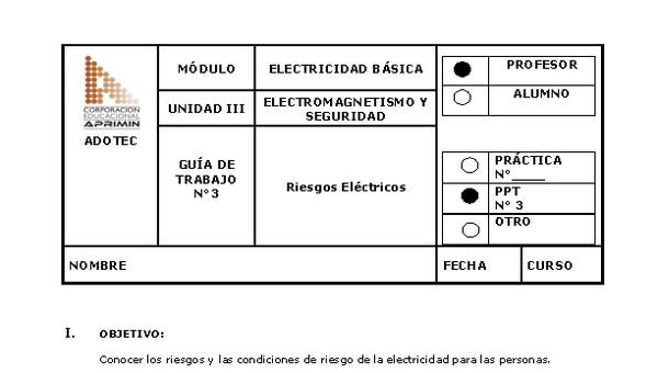 Guía de trabajo del docente Electricidad básica, riesgos eléctricos Guía de trabajo del docente Electricidad básica, riesgos eléctricos