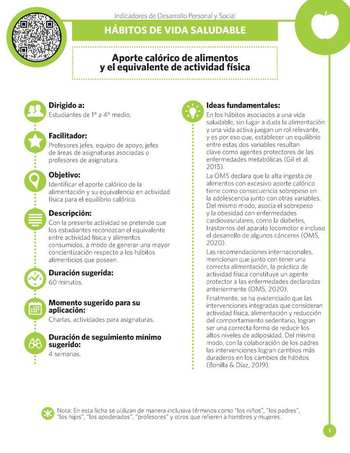 Ficha IDPS: Aporte calórico de alimentos y el equivalente de actividad física. Ficha IDPS: Aporte calórico de alimentos y el equivalente de actividad física.