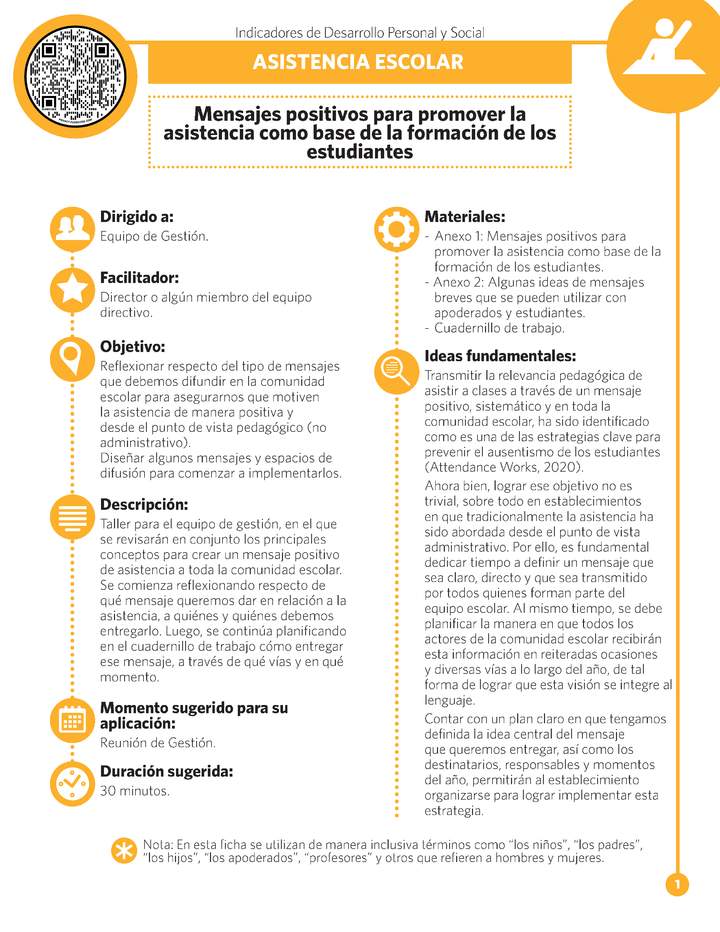 Ficha IDPS: Mensajes positivos para promover la asistencia como base de la formación de los estudiantes. Ficha IDPS: Mensajes positivos para promover la asistencia como base de la formación de los estudiantes.