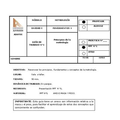 Guía de trabajo del docente Metrología, principios de la metrología Guía de trabajo del docente Metrología, principios de la metrología