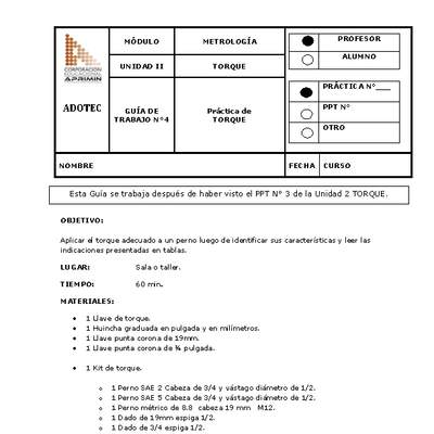Guía de trabajo del docente Metrología, práctica de torque Guía de trabajo del docente Metrología, práctica de torque