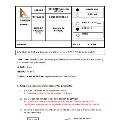 Guía de trabajo del docente Oleo-hidráulica, sección de control. Guía de trabajo del docente Oleo-hidráulica, sección de control.