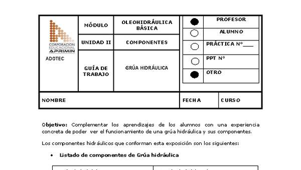 Guía de trabajo del docente Oleo-hidráulica, grúa hidráulica.