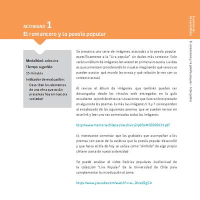 Sugerencia para el profesor: Actividad 1: El romancero y la poesía popular Sugerencia para el profesor: Actividad 1: El romancero y la poesía popular