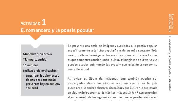 Sugerencia para el profesor: Actividad 1: El romancero y la poesía popular Sugerencia para el profesor: Actividad 1: El romancero y la poesía popular
