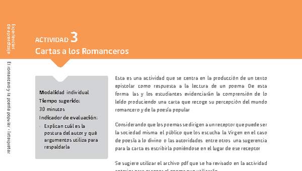 Sugerencia para el profesor: Actividad 3: Cartas a los Romanceros Sugerencia para el profesor: Actividad 3: Cartas a los Romanceros