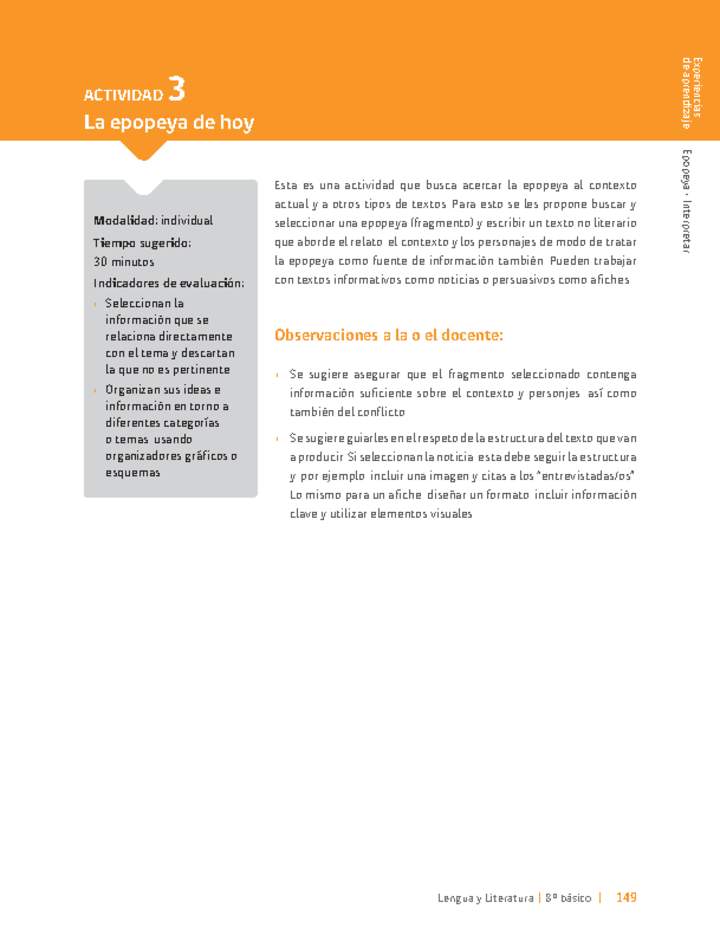 Sugerencia para el profesor: Actividad 3: La epopeya de hoy Sugerencia para el profesor: Actividad 3: La epopeya de hoy