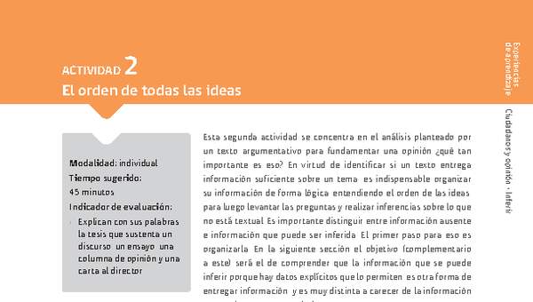 Sugerencia para el profesor: Actividad 2: El orden de todas las ideas Sugerencia para el profesor: Actividad 2: El orden de todas las ideas