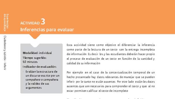 Sugerencia para el profesor: Actividad 3: Inferencias para evaluar Sugerencia para el profesor: Actividad 3: Inferencias para evaluar