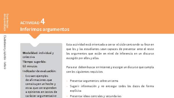 Sugerencia para el profesor: Actividad 4: Inferimos argumentos Sugerencia para el profesor: Actividad 4: Inferimos argumentos