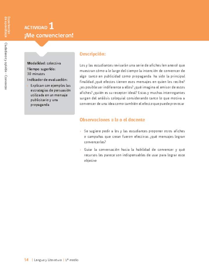 Sugerencia para el profesor: Actividad 1: ¡Me convencieron! Sugerencia para el profesor: Actividad 1: ¡Me convencieron!