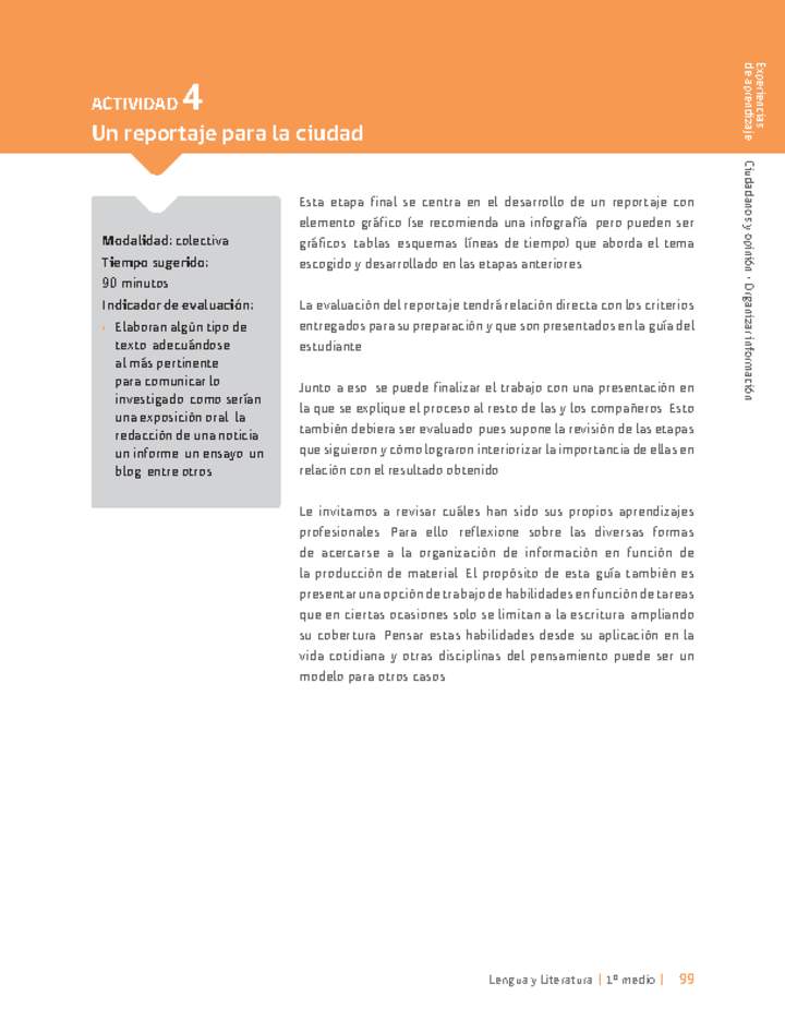 Sugerencia para el profesor: Actividad 4: Un reportaje para la ciudad Sugerencia para el profesor: Actividad 4: Un reportaje para la ciudad