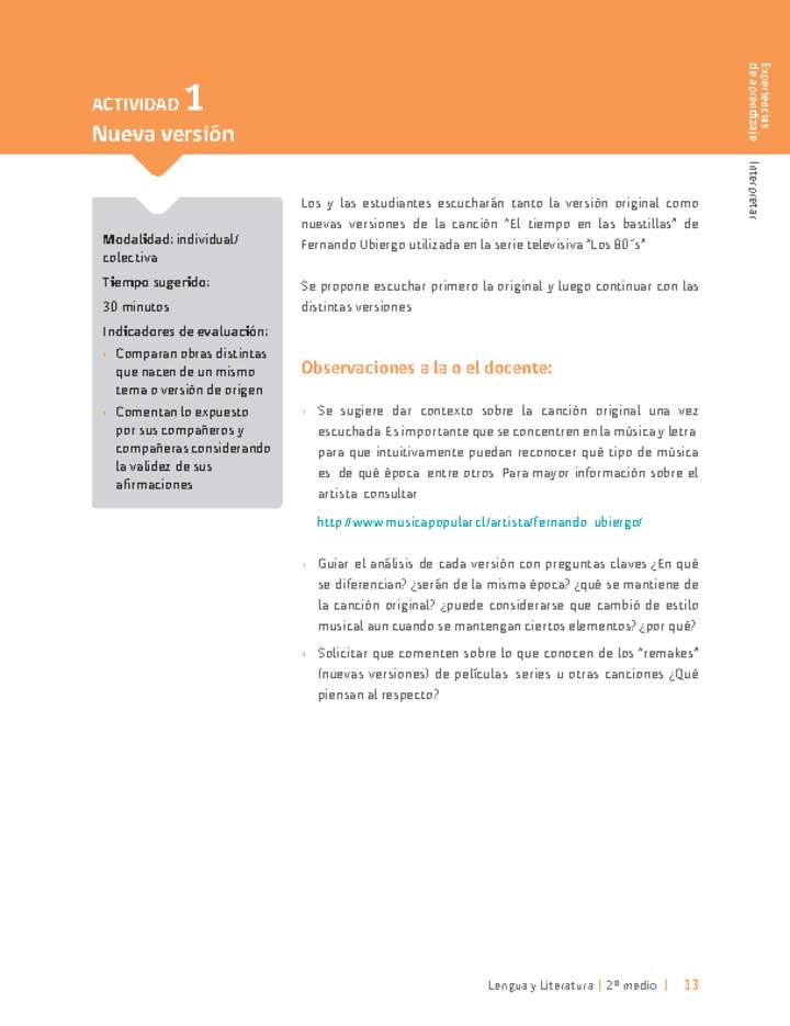 Sugerencia para el profesor: Actividad 1: Nueva versión Sugerencia para el profesor: Actividad 1: Nueva versión