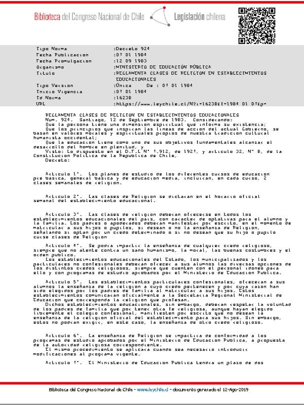 Decreto 924 de 1984, que reglamenta las clases de religión. Decreto 924 de 1984, que reglamenta las clases de religión.