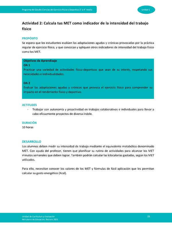 Actividad 2: Calcula tus MET como indicador de la intensidad del trabajo físico