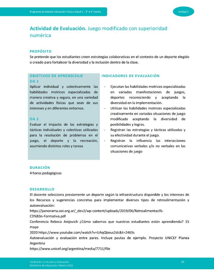Actividad de evaluación Unidad 1: Juego modificado con superioridad numérica