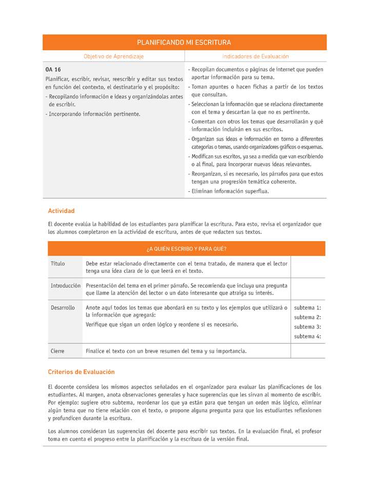 Evaluación Programas - LE08 OA16 - U1 - PLANIFICANDO MI ESCRITURA