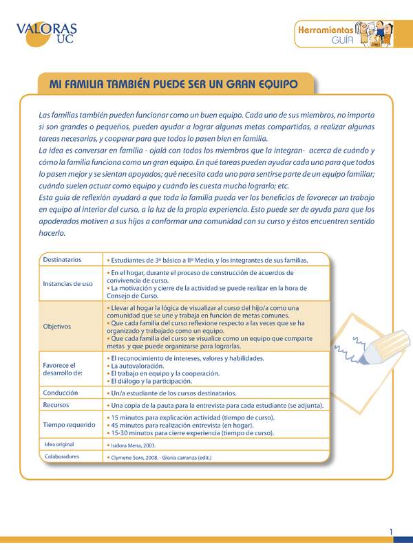 Mi familia puede ser un gran equipo: Orientación. Estudiantes de 3º básico a IIº Medio, y los integrantes de sus familias.