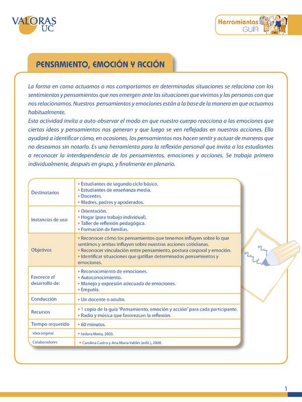 Pensamiento - emoción - acción: Orientación 1º básico a 4º Medio y padres