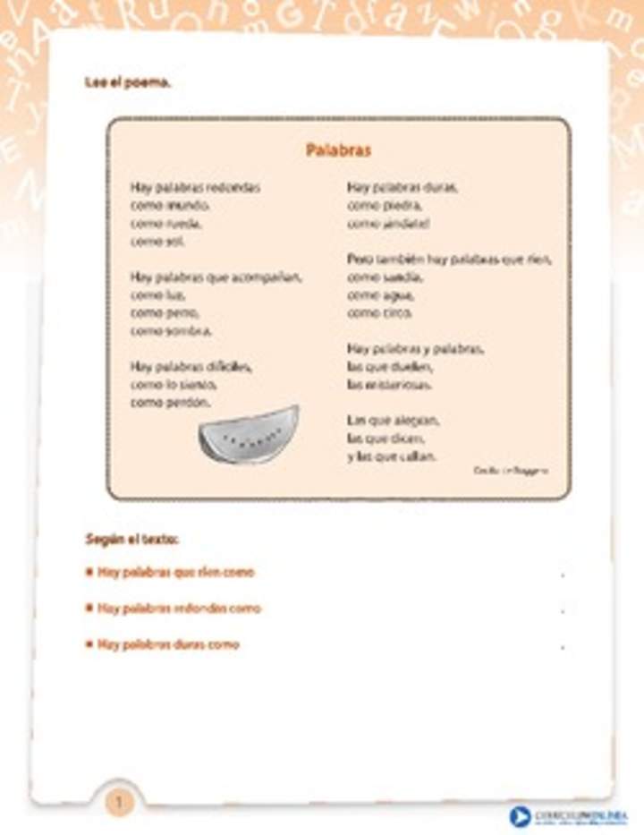 Comprensión poema palabras
