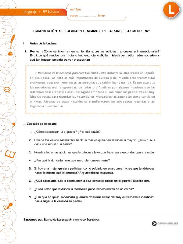 Comprensión de lectura: "El romance de la doncella guerrera"