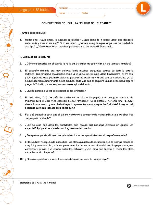 Comprensión de lectura "El hijo del elefante", de Rudyard Kipling