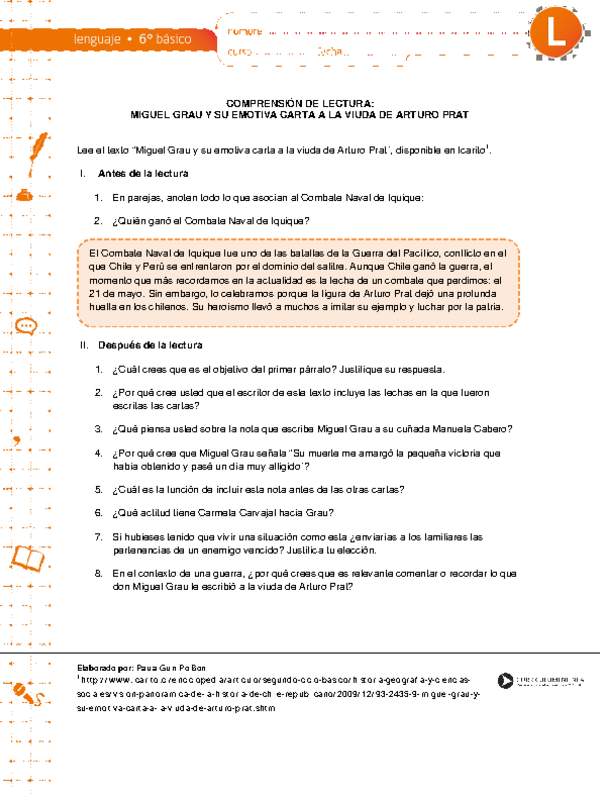 Comprensión de lectura: Miguel Grau y su emotiva carta a la viuda de Arturo Prat