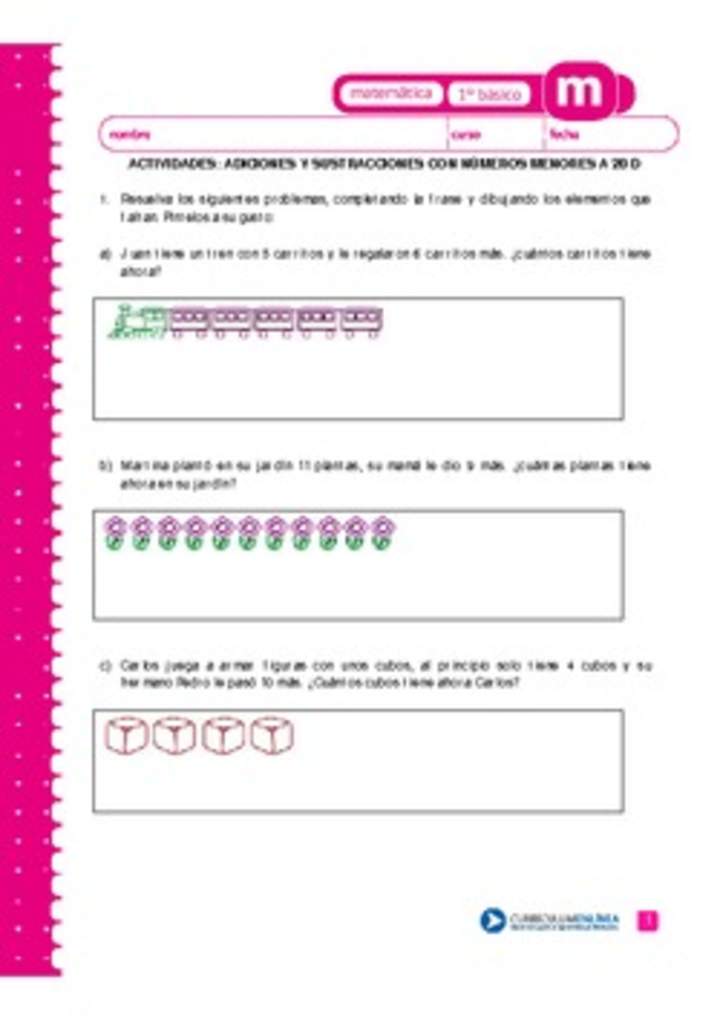 Adiciones y sustracciones con números menores a 20 d