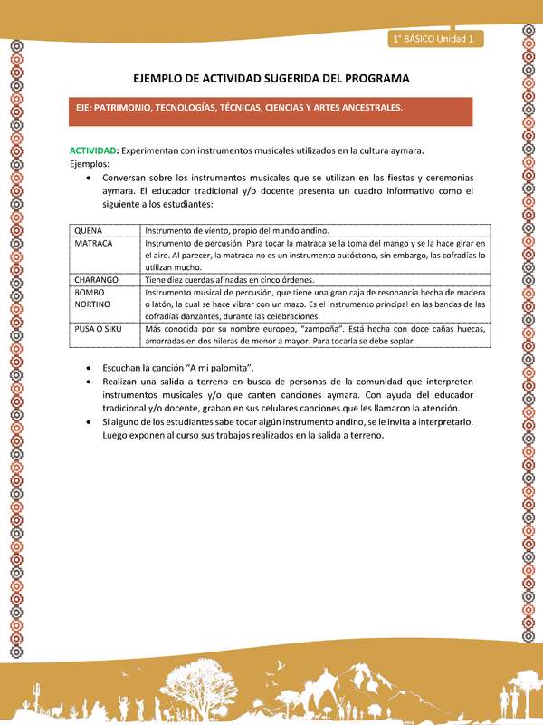 Actividad sugerida LC01 - Aymara - U01 - N°23: : Experimentan con instrumentos musicales utilizados en la cultura aymara Actividad sugerida LC01 - Aymara - U01 - N°23: : Experimentan con instrumentos musicales utilizados en la cultura aymara
