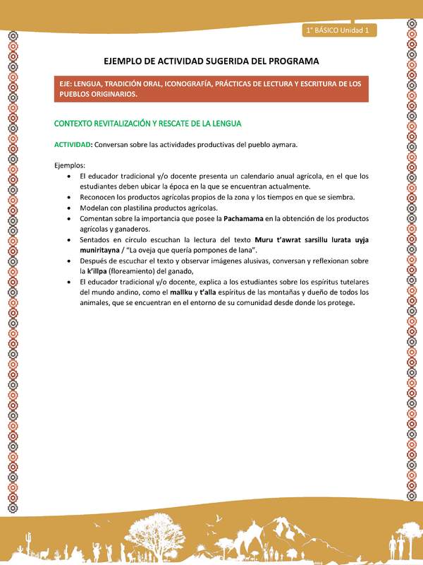 Actividad sugerida LC01 - Aymara - U01 - N°8: Conversan sobre las actividades productivas del pueblo aymara. Actividad sugerida LC01 - Aymara - U01 - N°8: Conversan sobre las actividades productivas del pueblo aymara.