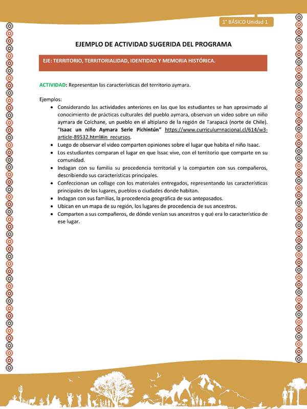 Actividad sugerida LC01 - Aymara - U01 - N°12: Representan las características del territorio aymara Actividad sugerida LC01 - Aymara - U01 - N°12: Representan las características del territorio aymara