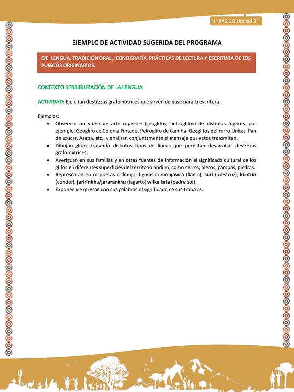 Actividad sugerida LC01 - Aymara - U04 - N°05: Ejercitan destrezas grafomotrices que sirven de base para la escritura