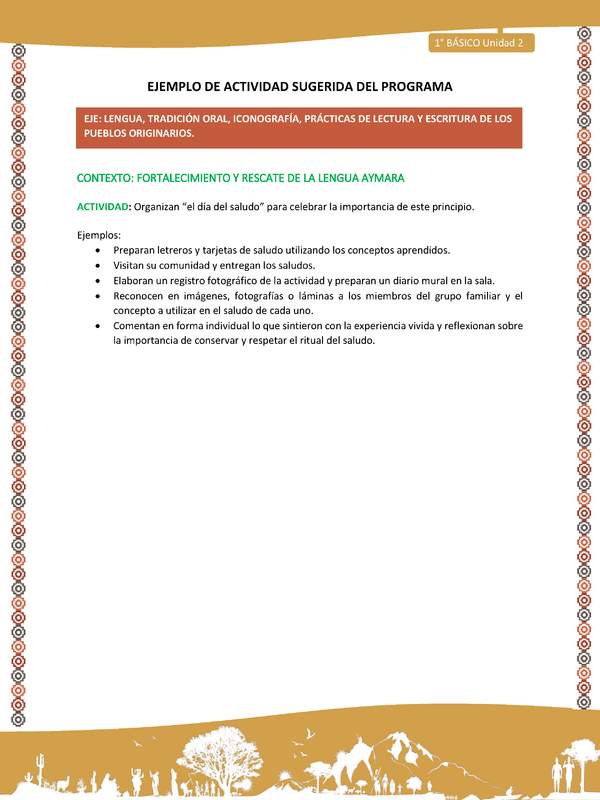 Actividad sugerida LC01 - Aymara - U02 - N°26: Organizan “el día del saludo” para celebrar la importancia de este principio