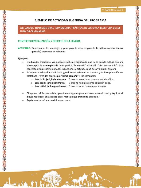 Actividad sugerida LC01 - Aymara - U01 - N°7: Representan los mensajes y principios de vida propios de la cultura aymara (suma qamaña) presentes en refranes. Actividad sugerida LC01 - Aymara - U01 - N°7: Representan los mensajes y principios de vida propios de la cultura aymara (suma qamaña) presentes en refranes.