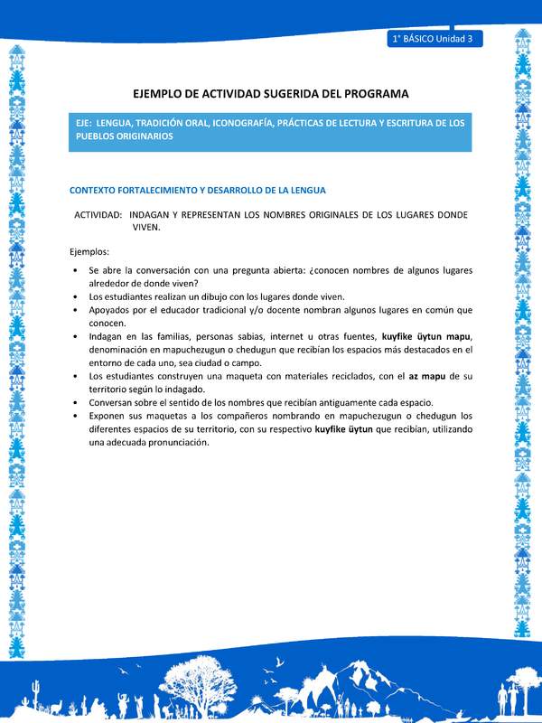 Actividad sugerida: LC01 - Mapuche - U3 - N°5: INDAGAN Y REPRESENTAN LOS NOMBRES ORIGINALES DE LOS LUGARES DONDE VIVEN.